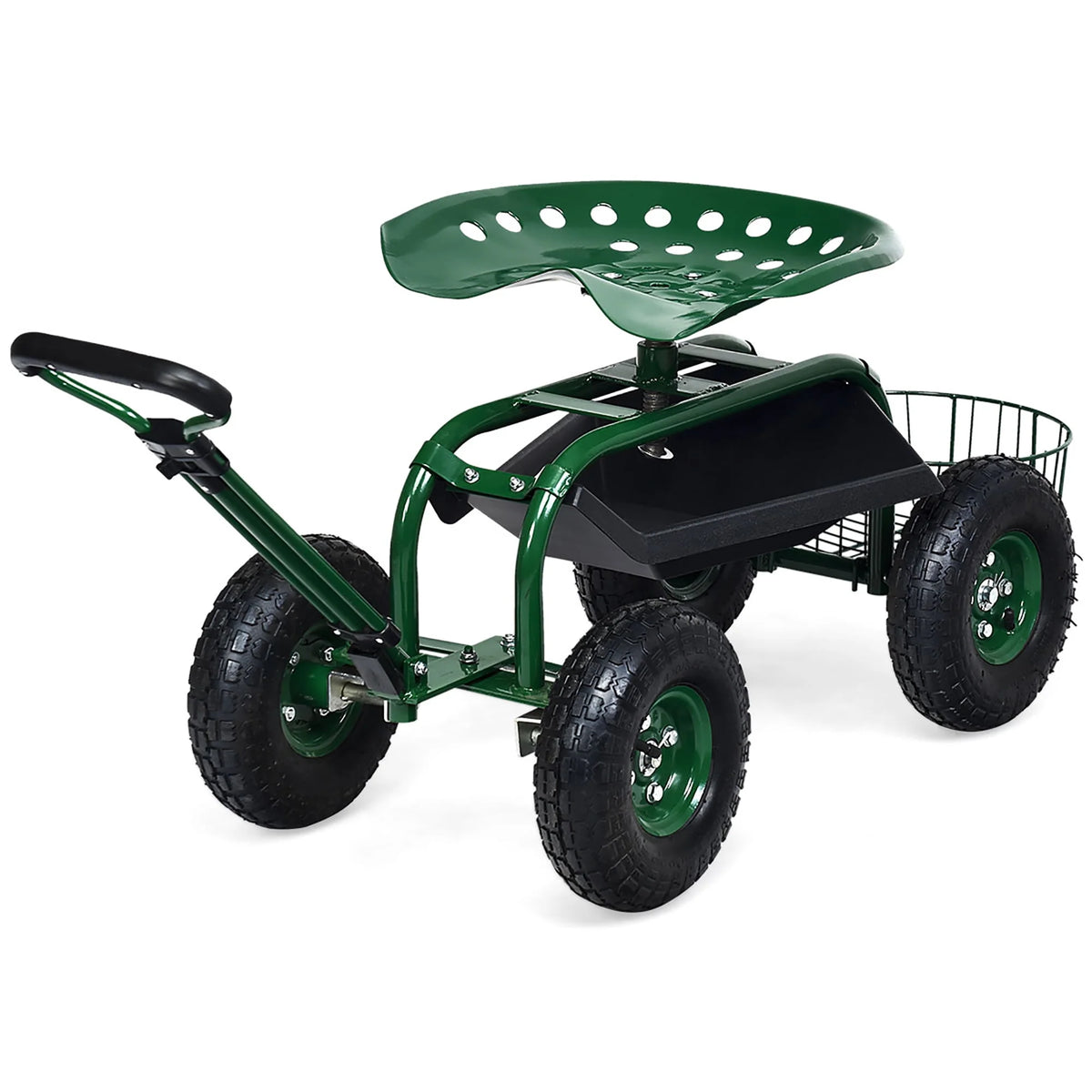Green Garden Cart Rolling Work Seat with Tray Basket X642