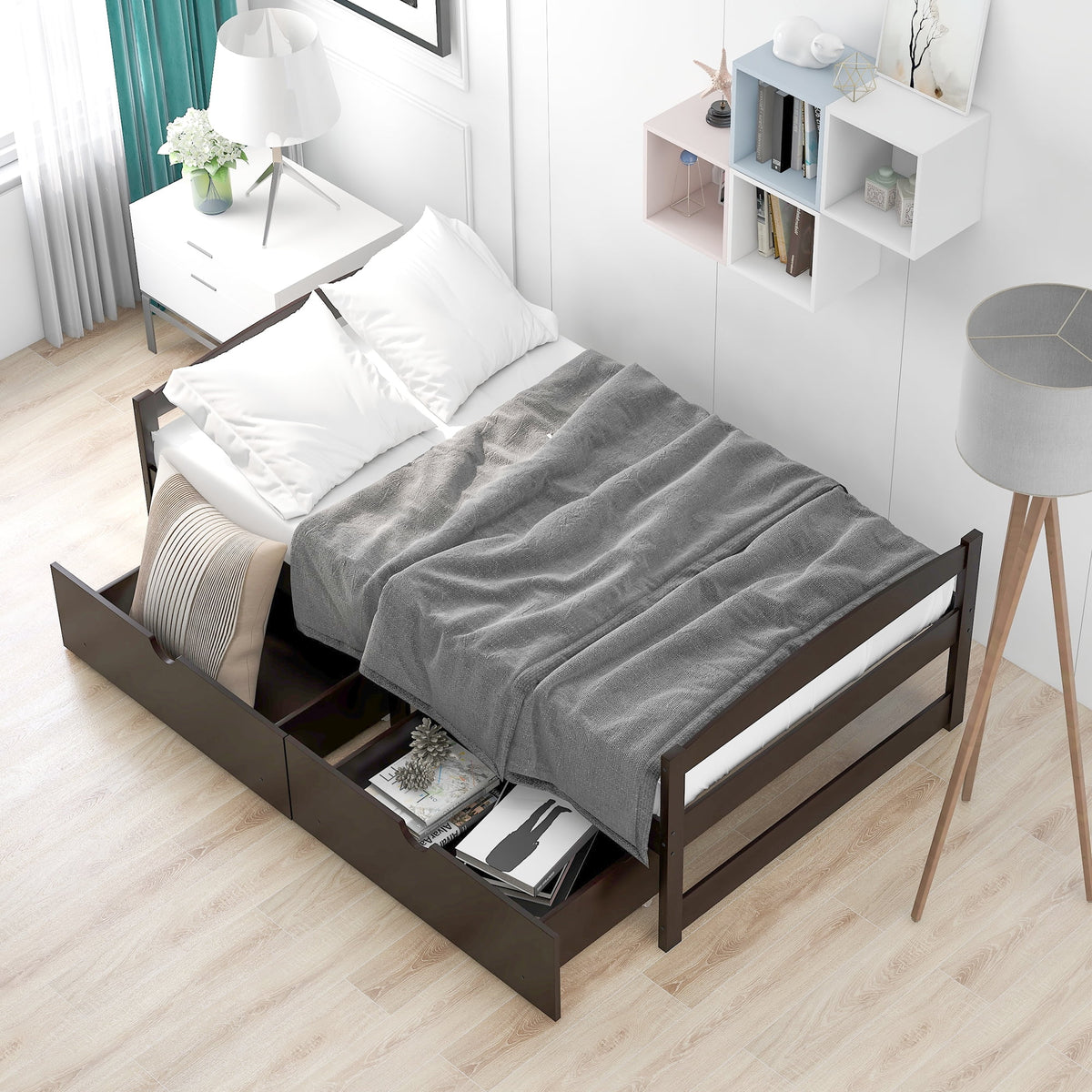 White Twin Storage Bed Frame with Drawers U7201