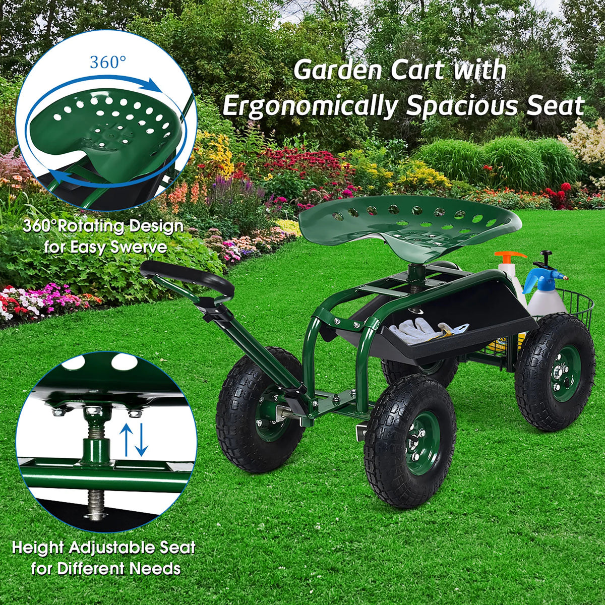 Green Garden Cart Rolling Work Seat with Tray Basket X642