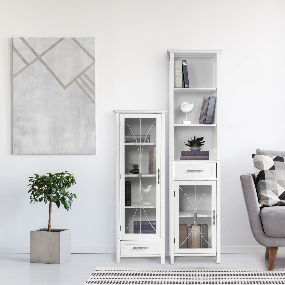 White Wooden Linen Cabinet with Drawer T59739