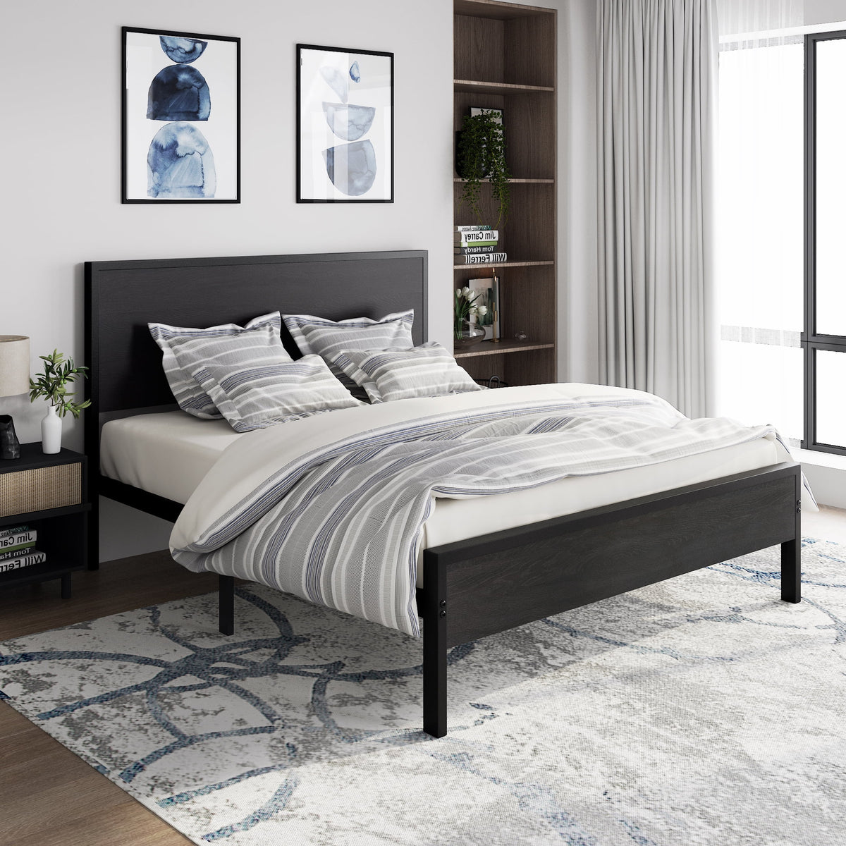 Queen Size Black Oak Headboard Bed Frame X798