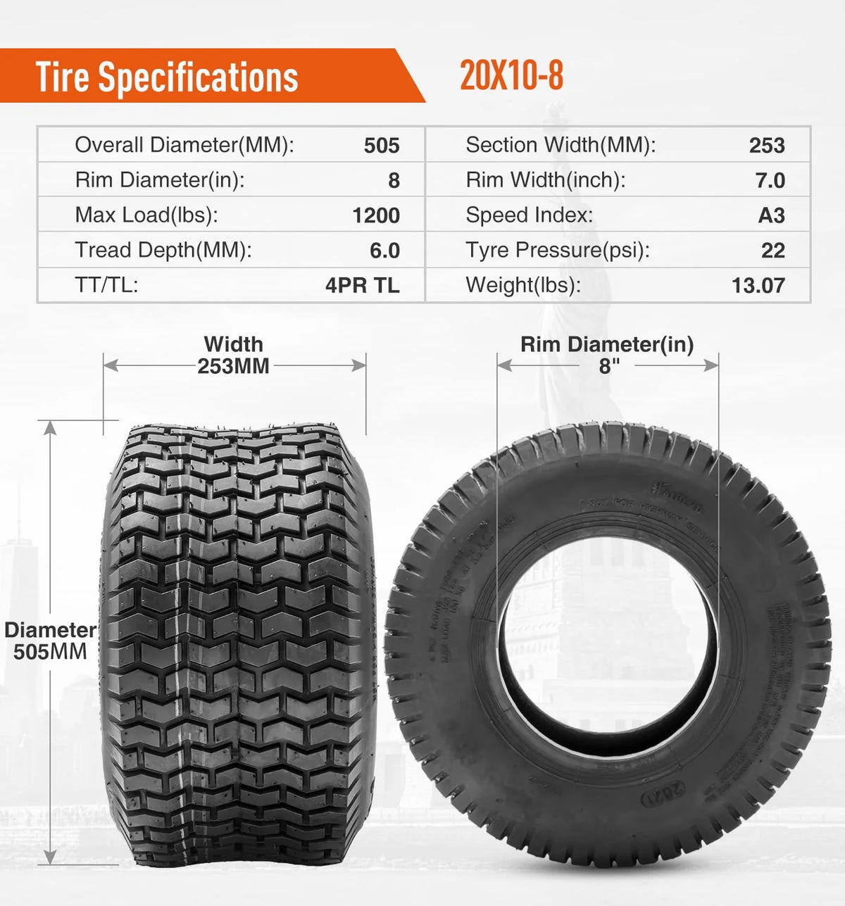 20x10.00-8 Lawn Mower Tires 4PR Heavy Duty Tubeless V804
