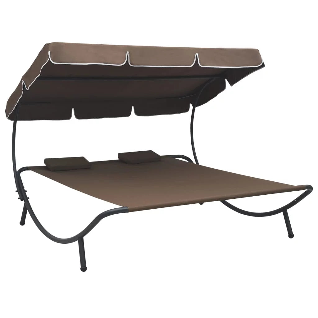 Brown Fabric Steel Outdoor Lounge Bed with Canopy and Pillows C7799