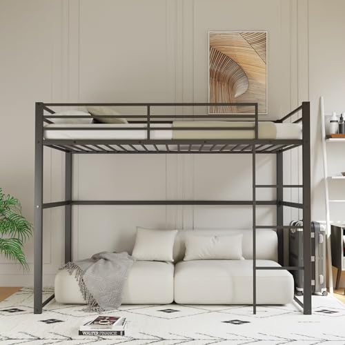 Twin Size Metal Loft Bed with Safety Guard Rails & Flat Ladder C969769