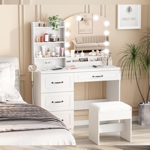 White Makeup Vanity Desk with Lights and Charging Station J98536