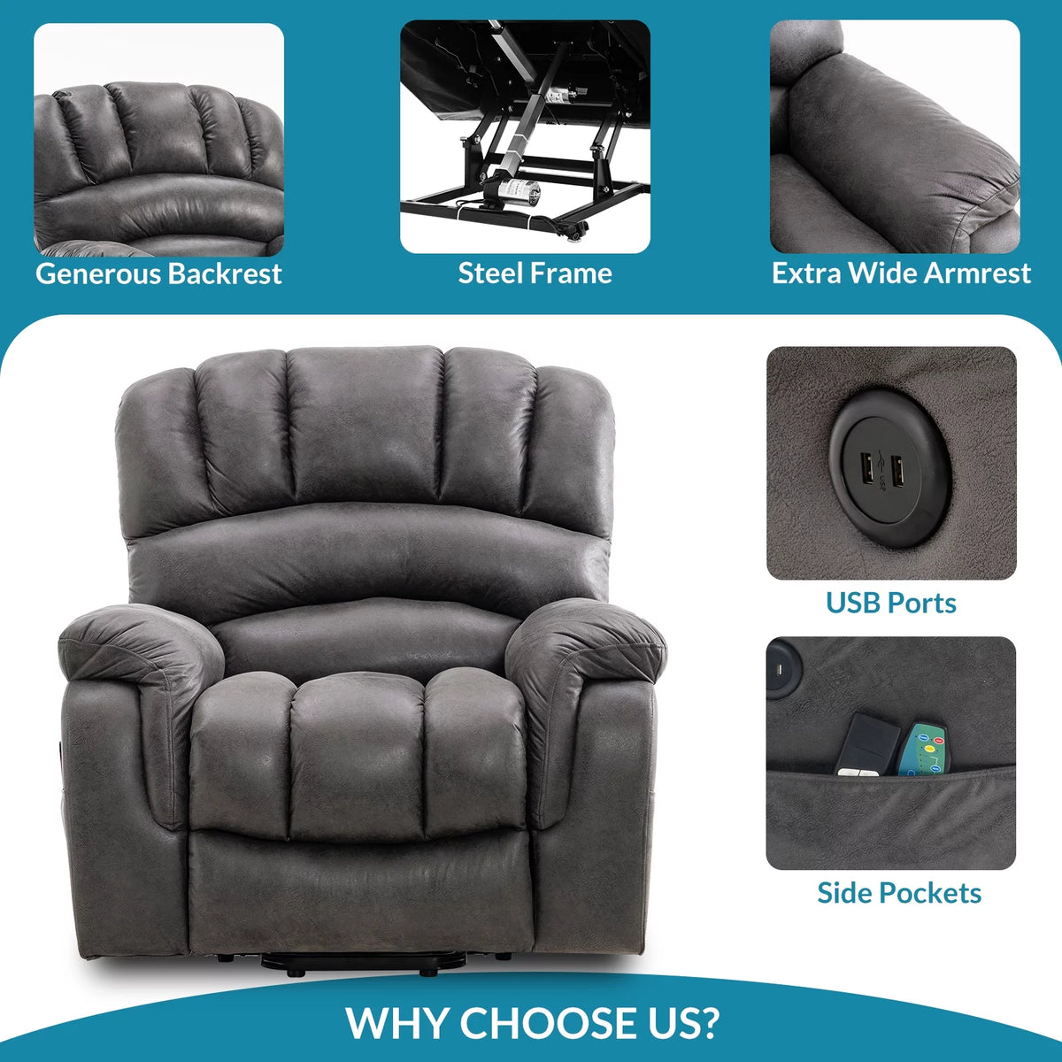 Large Dual Motor Power Lift Recliner Chair with Heat and Massage L78975