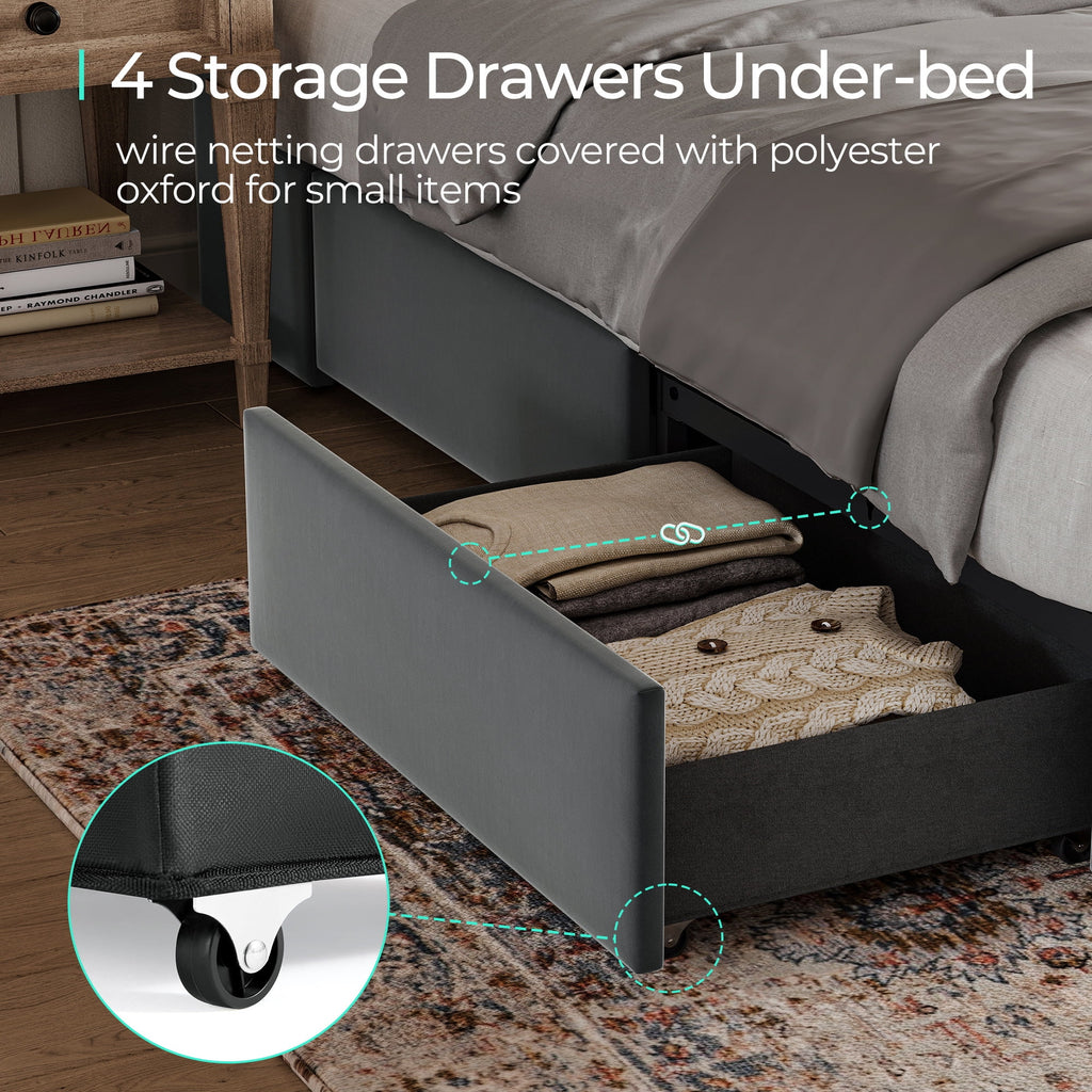 Queen Size Upholstered Platform Bed Frame with Headboard and 4 Storage Drawers V524