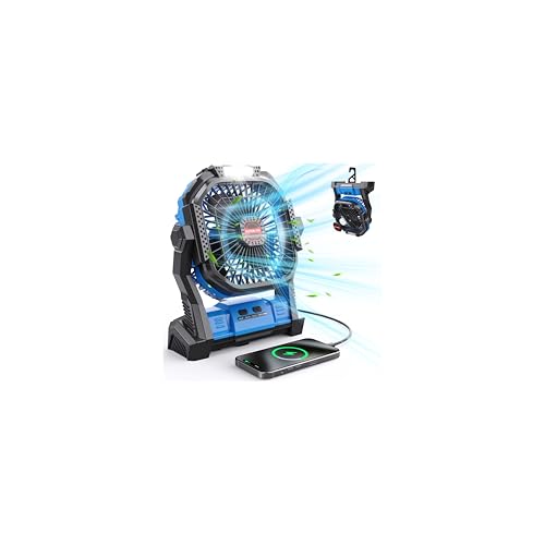 Portable Battery Operated Fan, 20000mAh Rechargeable Camping Fan with LED Lantern T928