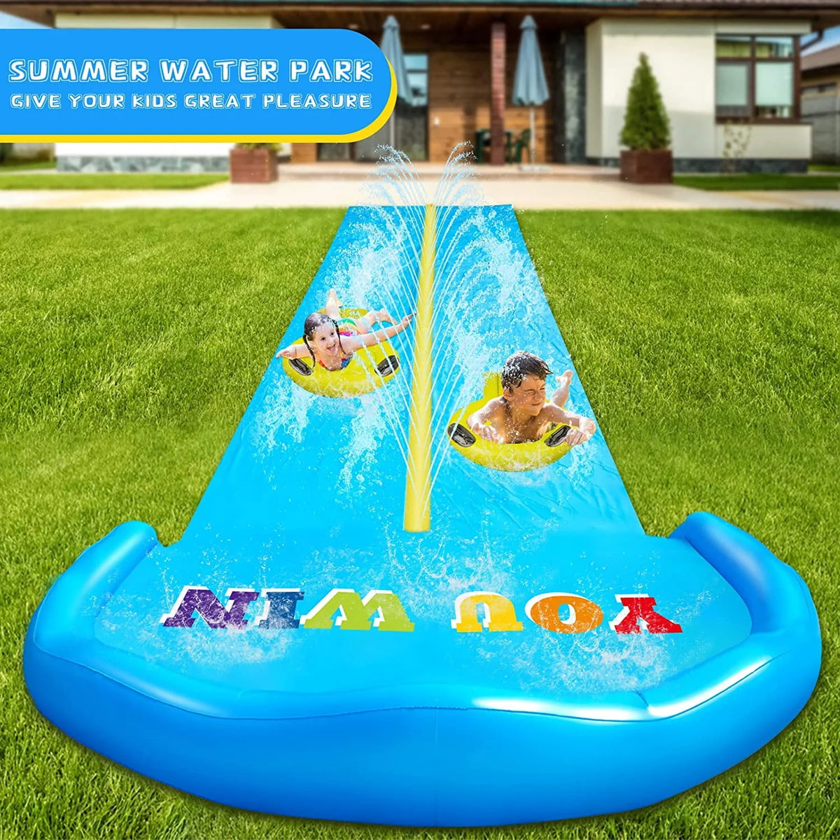 32.8FT Inflatable Water Slide with 2 Bodyboards & 2 Racing Lanes Y595406