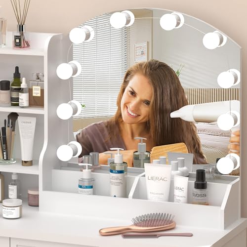 White Makeup Vanity Desk with Lights and Charging Station J98536