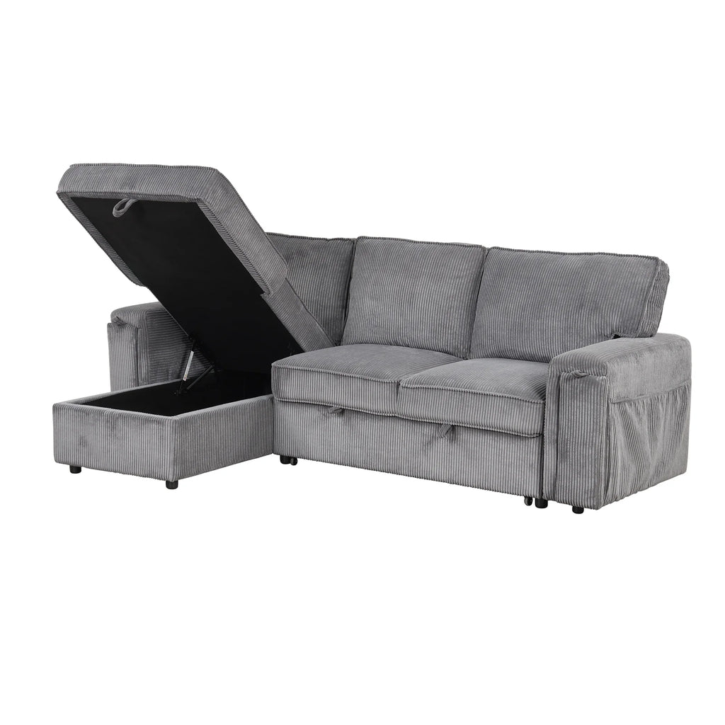 96.1" L-Shape Convertible Sleeper Sectional Sofa with Pull-Out Bed, Storage Chaise and 2 Cup Holders, Corduroy Gray P292217