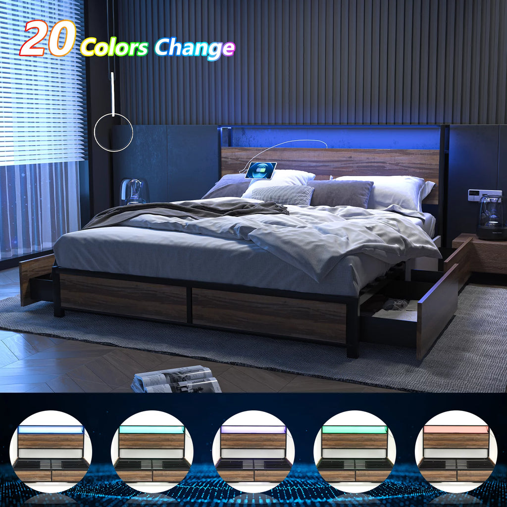 Queen Size LED Metal Bed Frame with 4 Storage Drawers and Headboard N7221