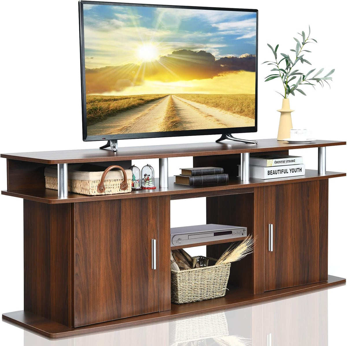 Cherry TV Stand with 2 Cabinets & Open Shelves Y5393