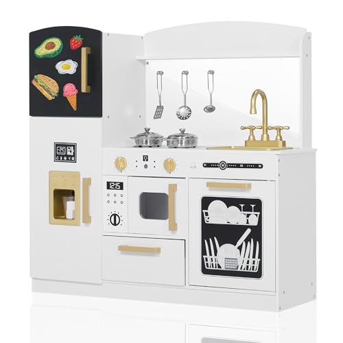 Wooden Play Kitchen Set with Sink, Microwave, Ice Maker, Dishwasher, Pink E9629
