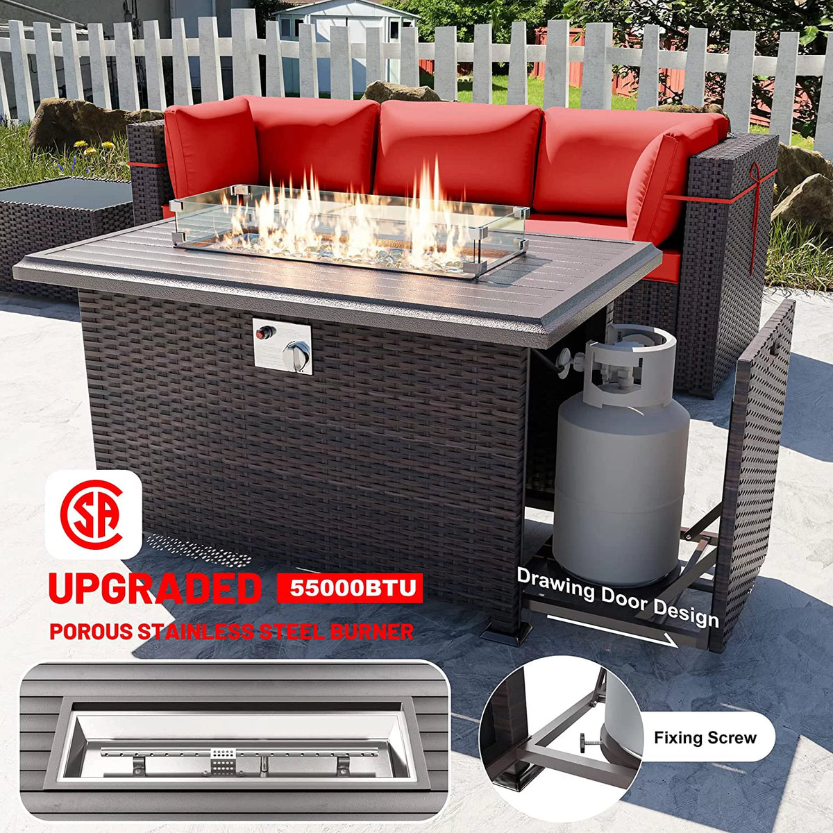 8 Pieces PE Wicker Rattan Outdoor Furniture Set with Fire Pit Table V25845