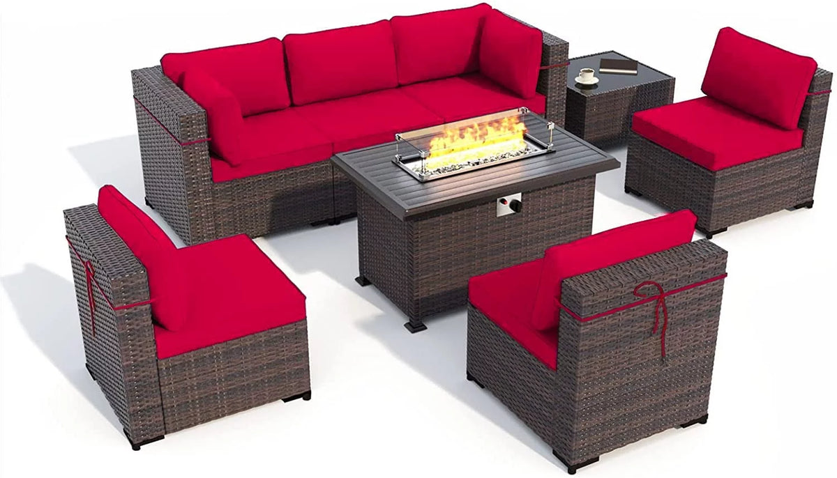 8 Pieces PE Wicker Rattan Outdoor Furniture Set with Fire Pit Table V25845