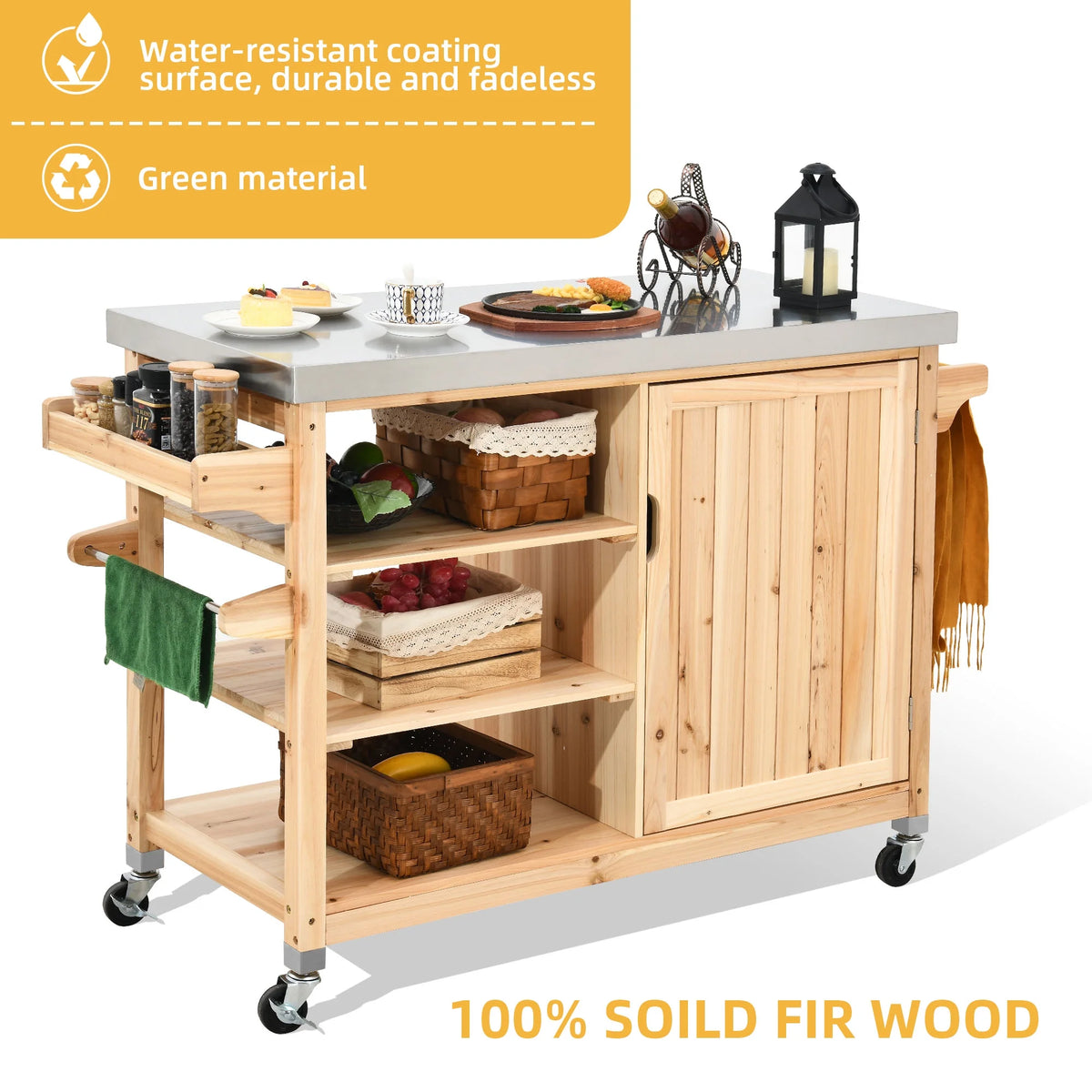 Solid Wood Movable Outdoor Table with Stainless Steel Top S8555