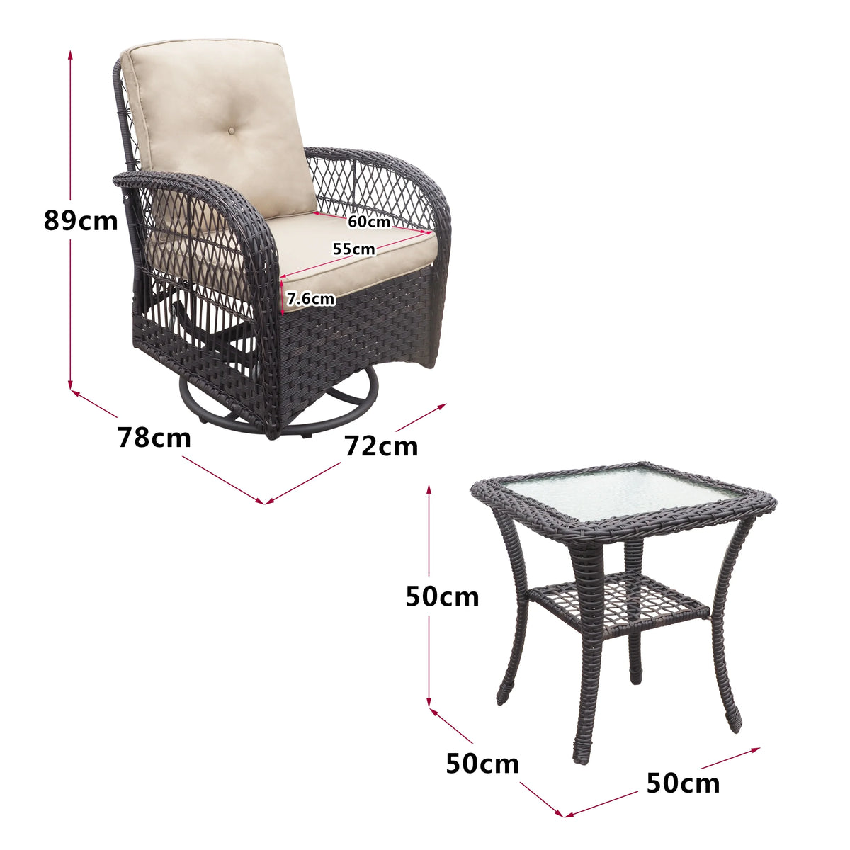 Khaki Wicker Swivel Rocker Chairs with Table Y867
