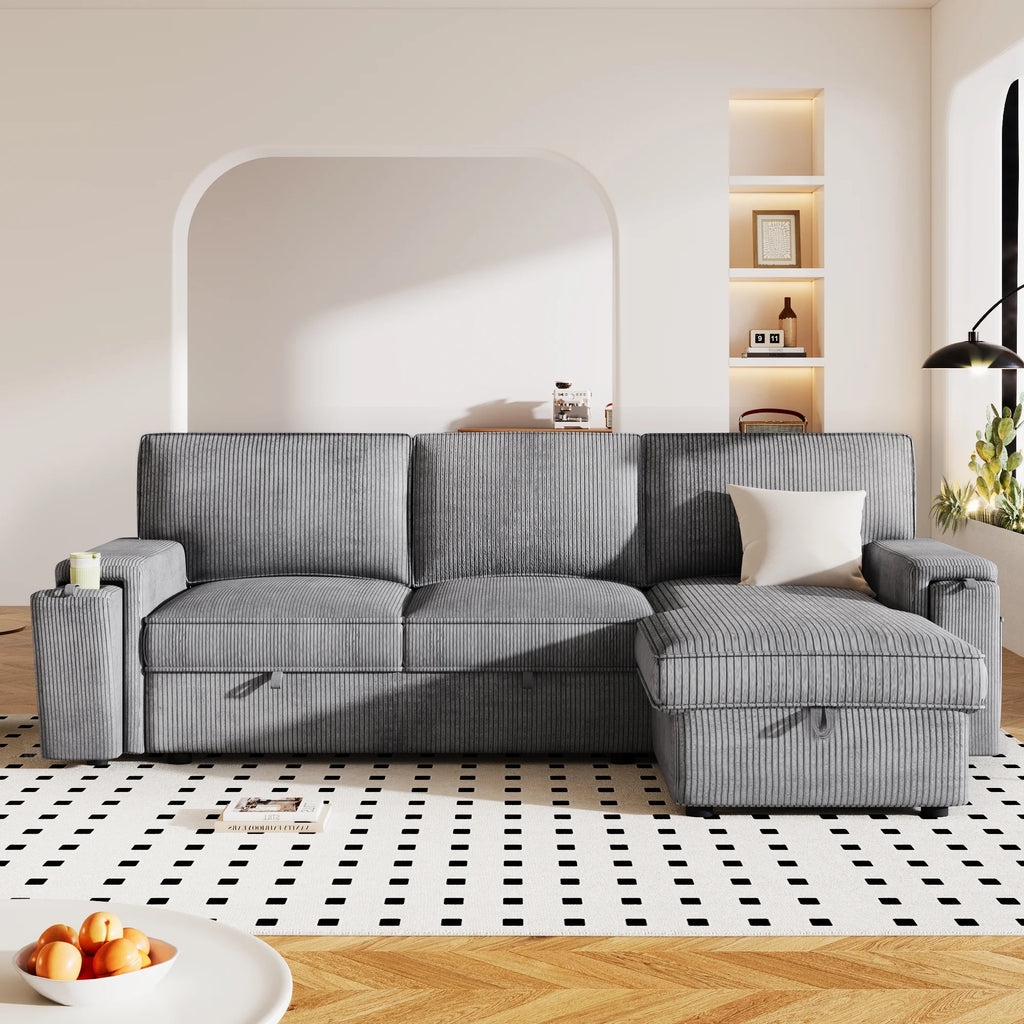 96.1" L-Shape Convertible Sleeper Sectional Sofa with Pull-Out Bed, Storage Chaise and 2 Cup Holders, Corduroy Gray P292217