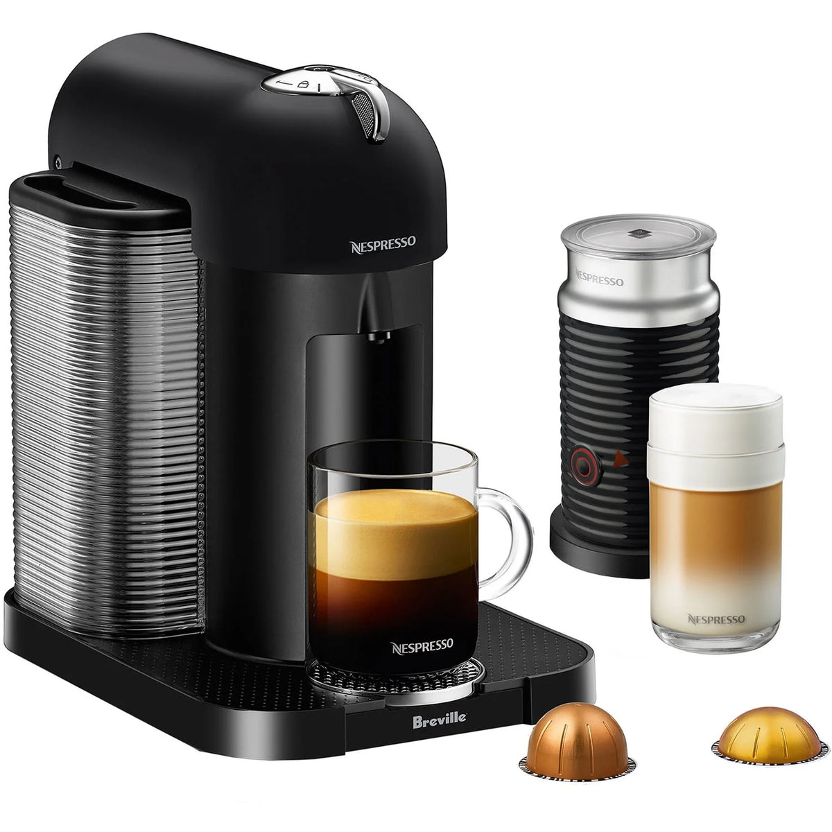 Chrome Coffee & Espresso Single-Serve Machine and Black Milk Frother E98453