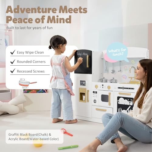 Wooden Play Kitchen Set with Sink, Microwave, Ice Maker, Dishwasher, Pink E9629
