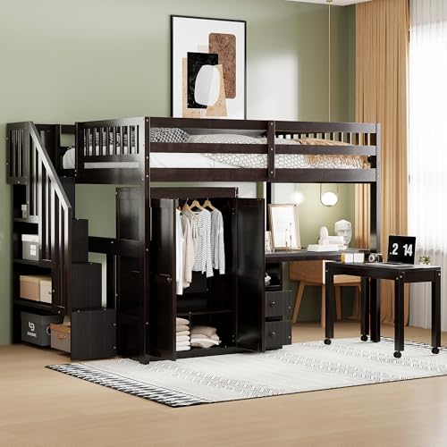 Gray Twin Size Wood Loft Bed with Stairs and Bookshelf R563