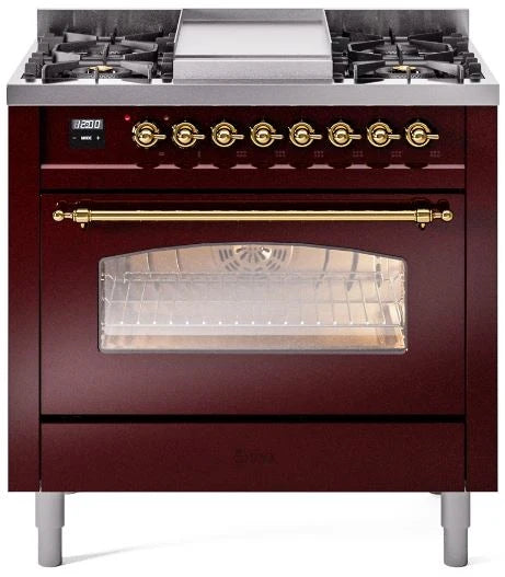36 Dual Fuel Natural Gas Range in Burgundy with Brass Trim I482