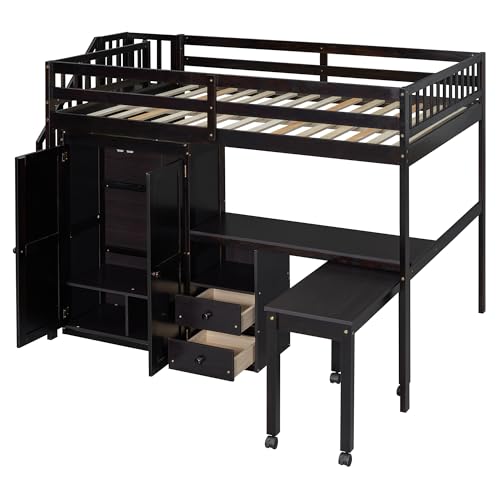 Gray Twin Size Wood Loft Bed with Stairs and Bookshelf R563