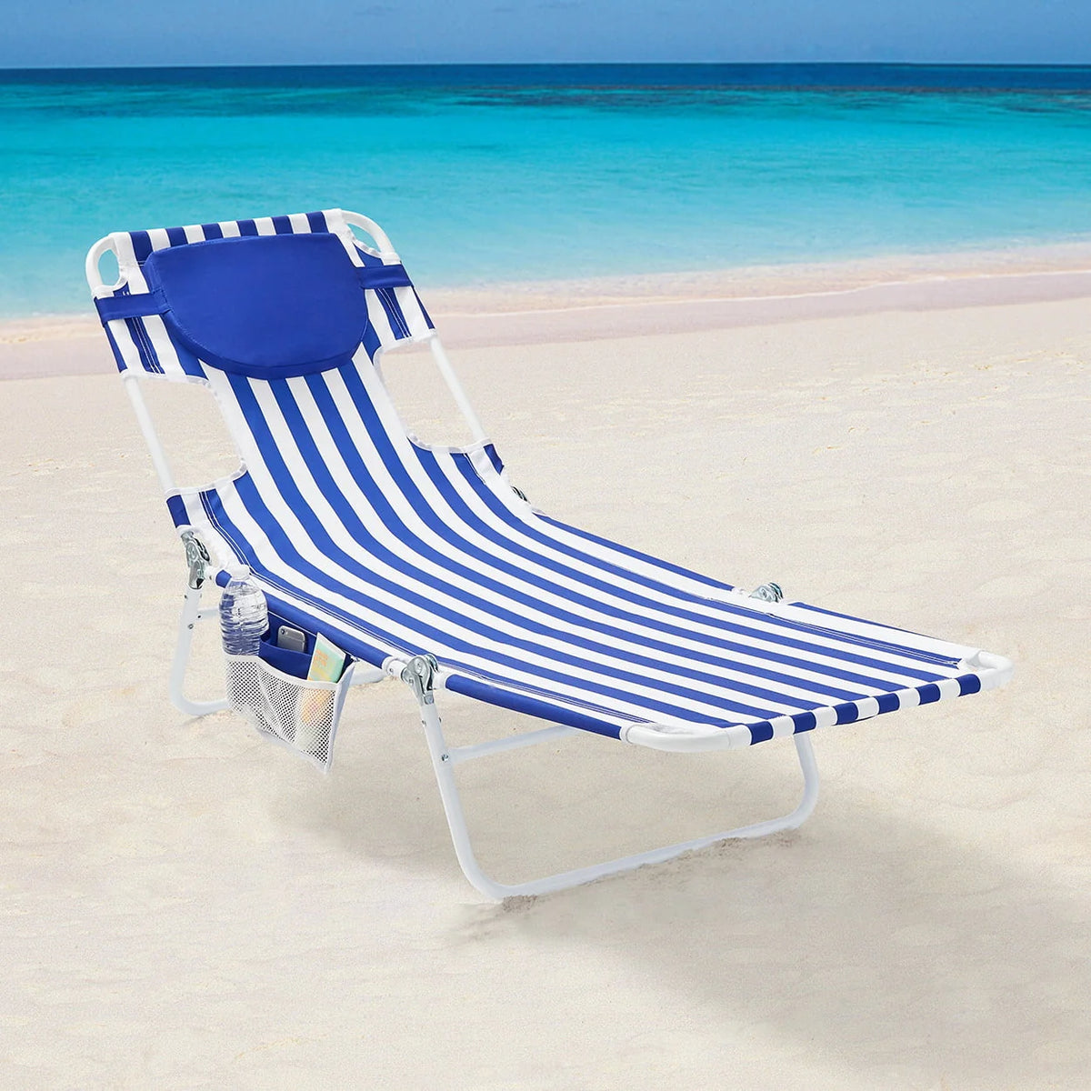 Blue & White Stripe Folding Beach Lounger R415881