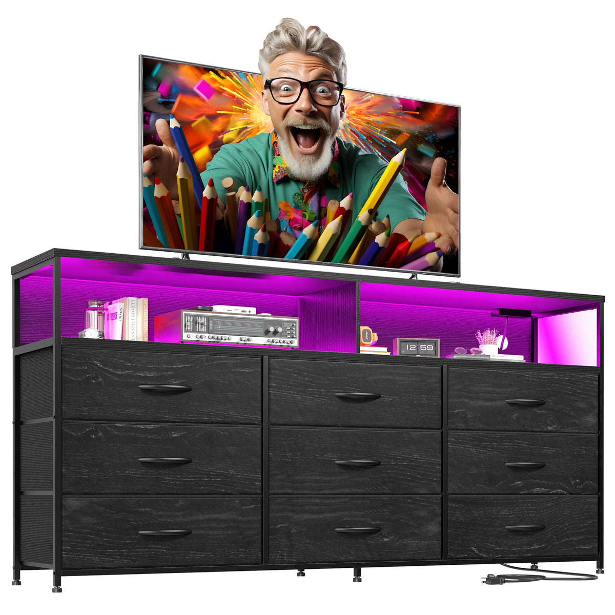 Black Dresser TV Stand with 9 Fabric Drawers & Power Outlet X2328