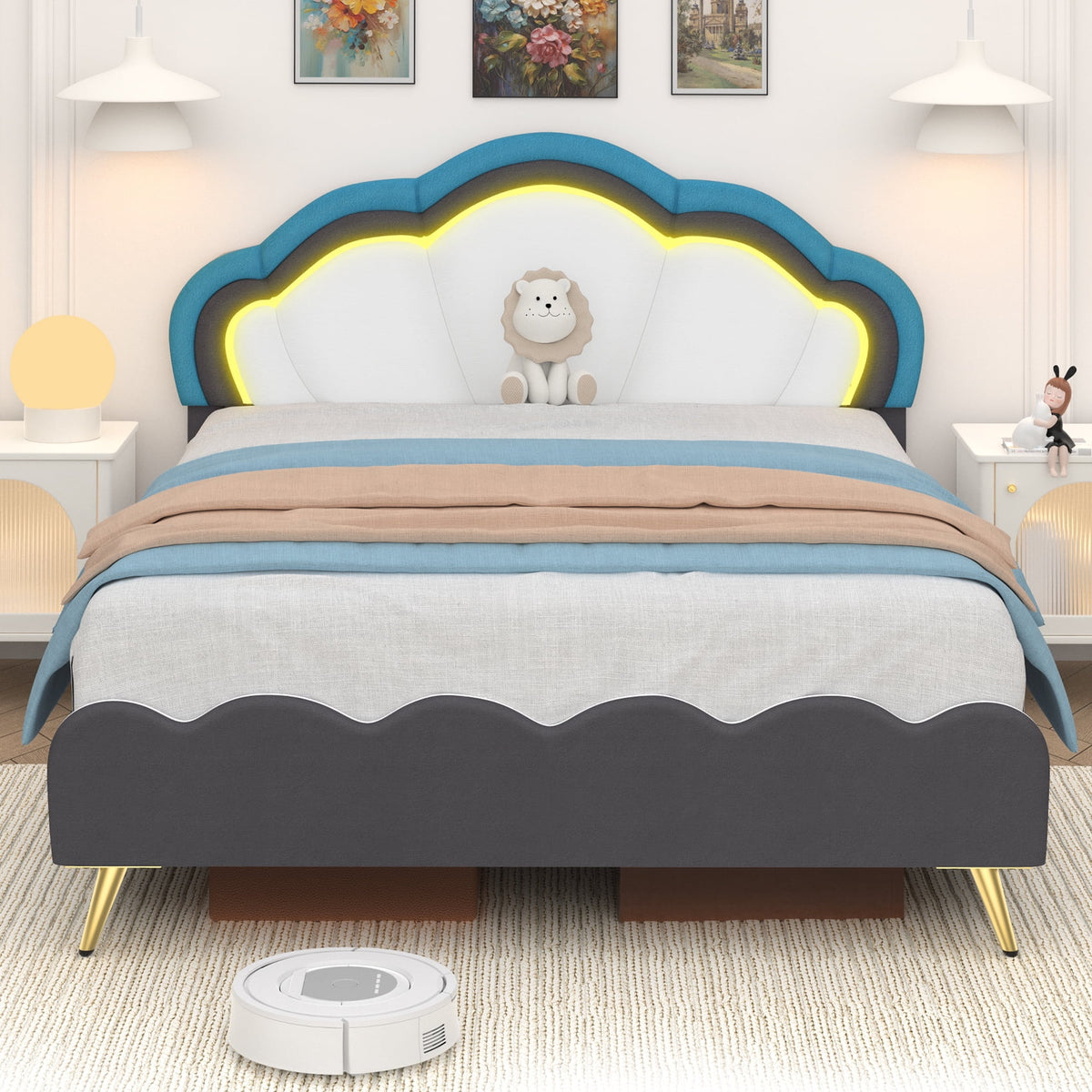 Twin Size White Velvet Upholstered Platform Bed with Adjustable Headboard T571
