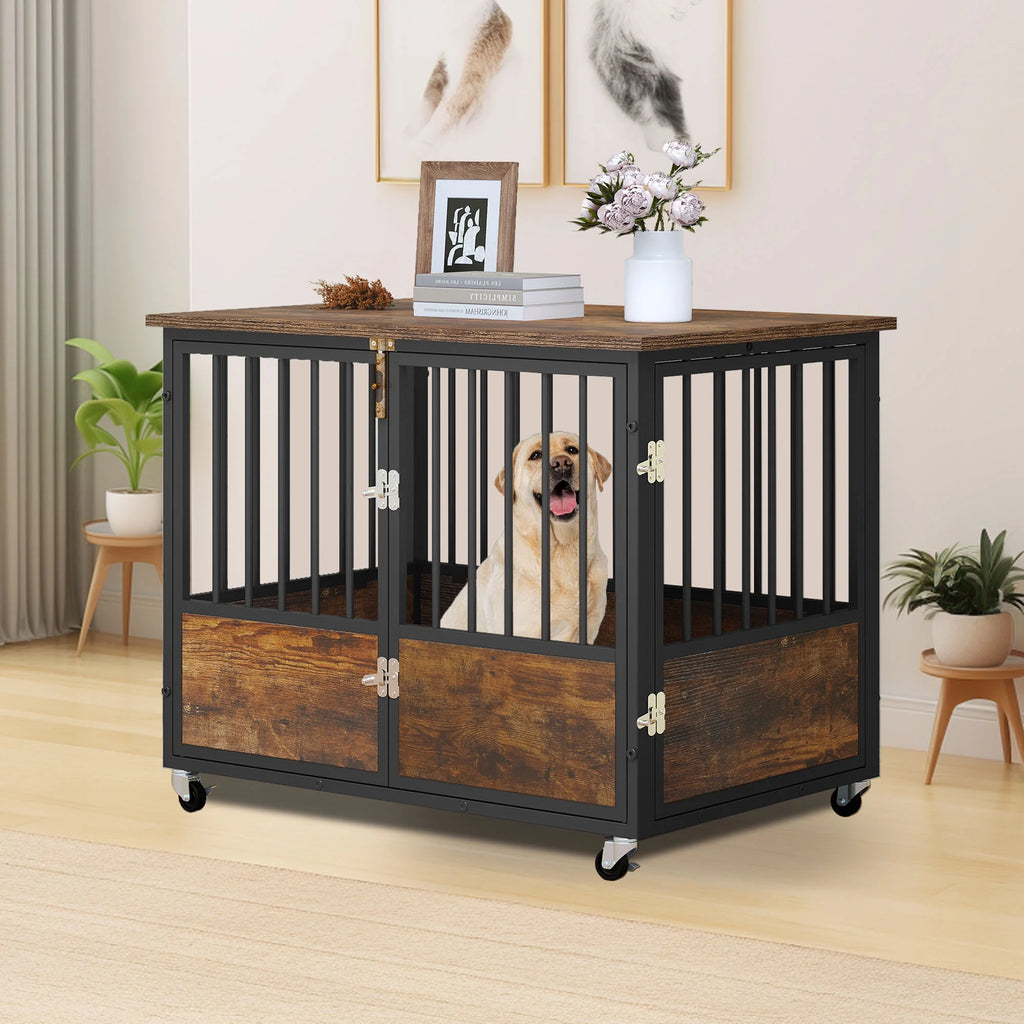 Large 38in Heavy Duty Metal Dog Crate and Kennel with Wheels X4113