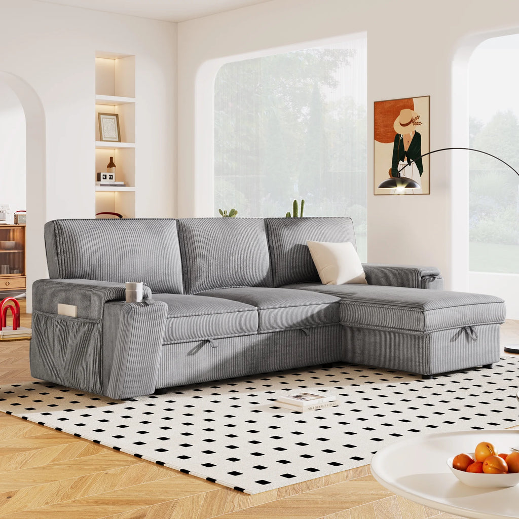 96.1" L-Shape Convertible Sleeper Sectional Sofa with Pull-Out Bed, Storage Chaise and 2 Cup Holders, Corduroy Gray P292217