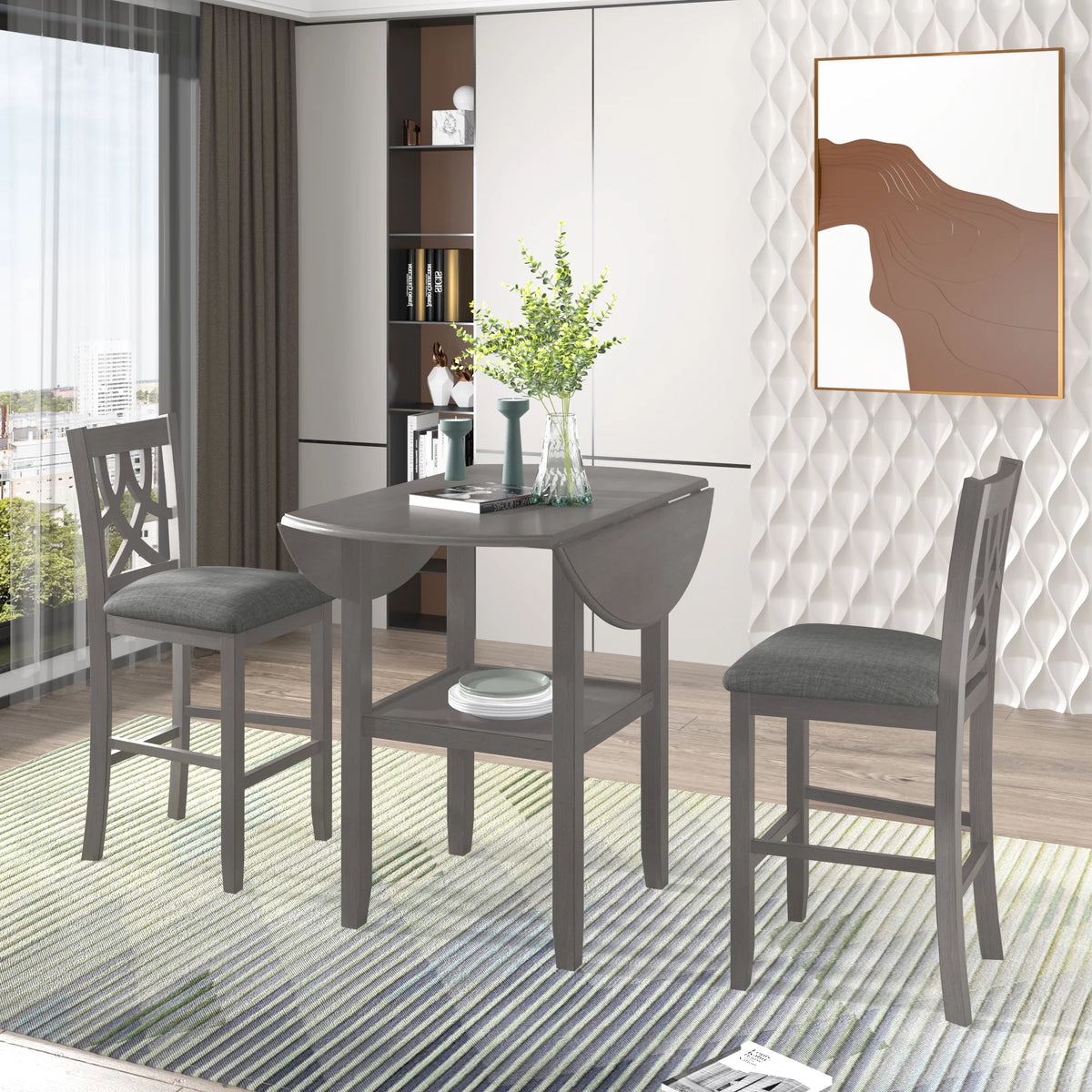 3 Piece Round Drop Leaf Dining Table Set with 2 Chairs N7237