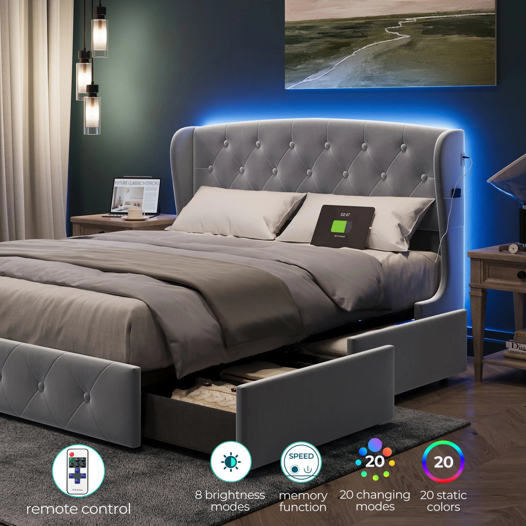 Queen Size Upholstered Platform Bed Frame with Headboard and 4 Storage Drawers V524