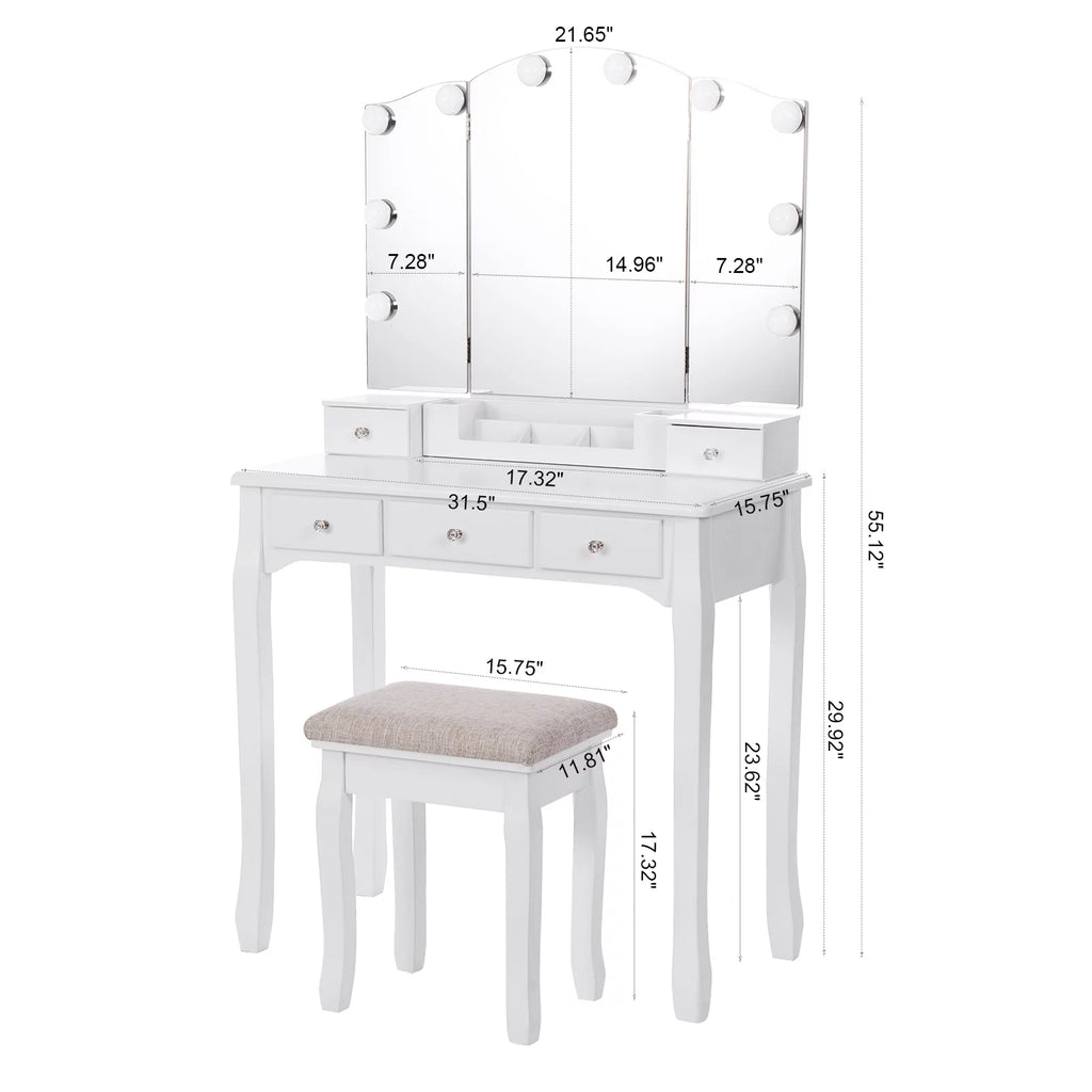 White Vanity Set with Lighted Tri-Folding Mirror 5 Drawers and Stool W261825