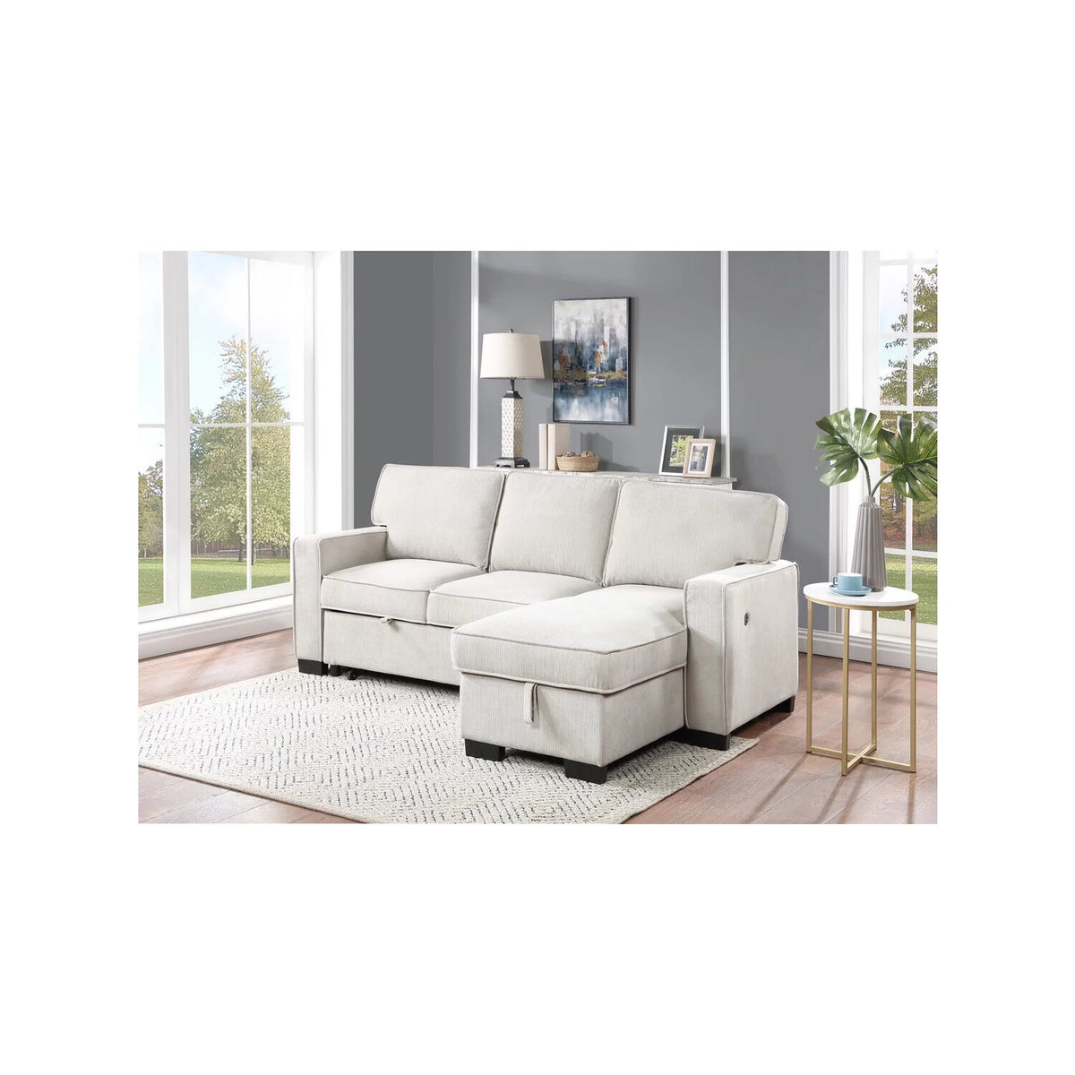 Fabric Reversible Storage Chaise Pull-Out Sleeper Sofa with Drop-Down Table T606688
