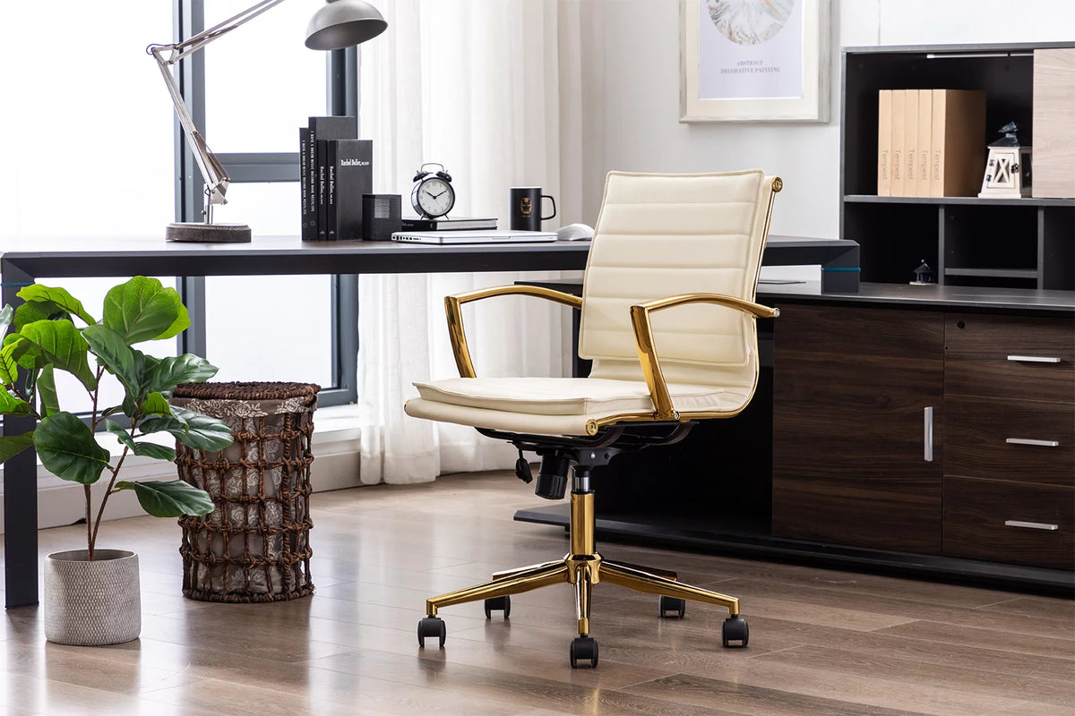 Beige Faux Leather Swivel Office Chair with Armrests H1360