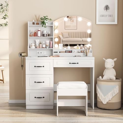 White Makeup Vanity Desk with Lights and Charging Station J98536