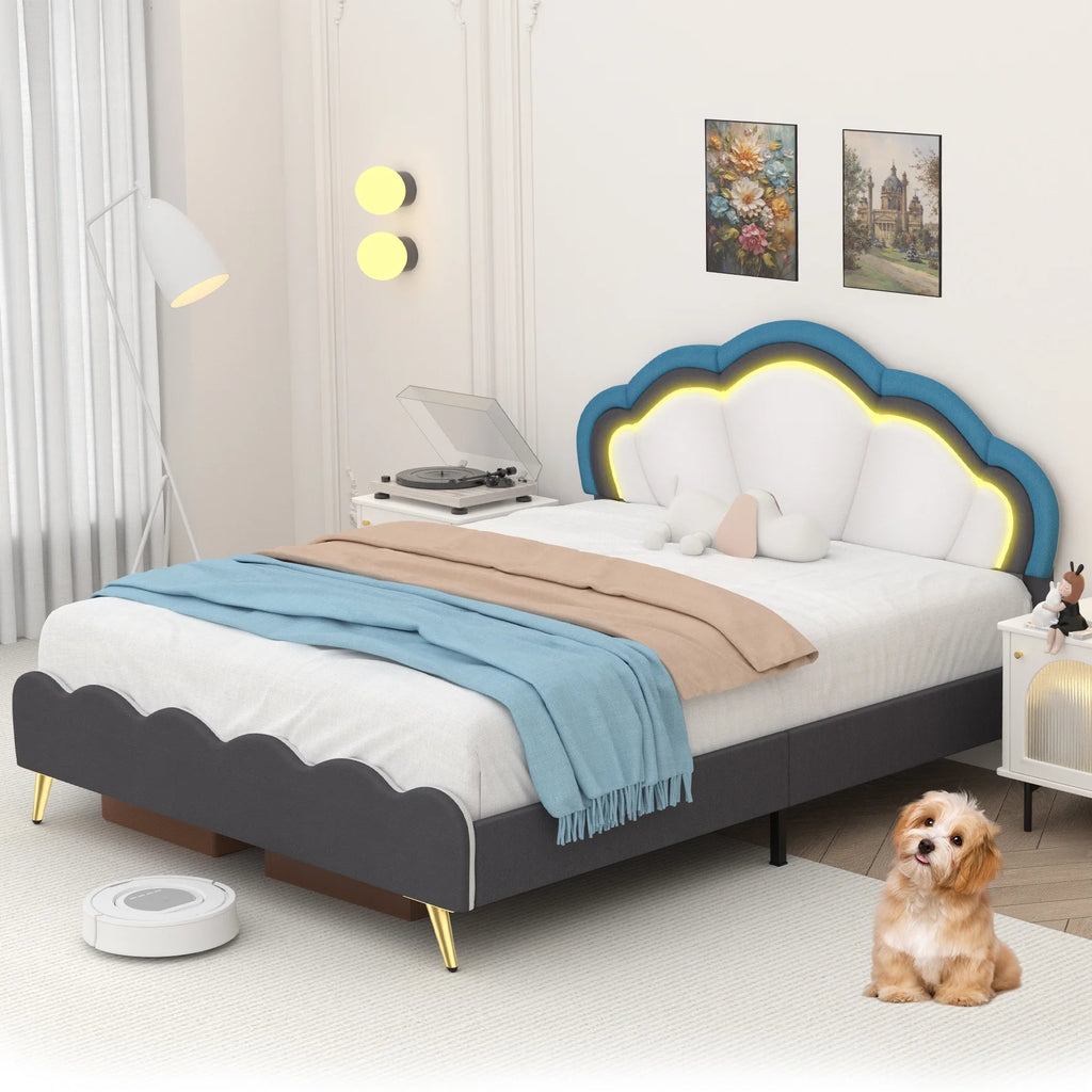 Twin Size White Velvet Upholstered Platform Bed with Adjustable Headboard T571
