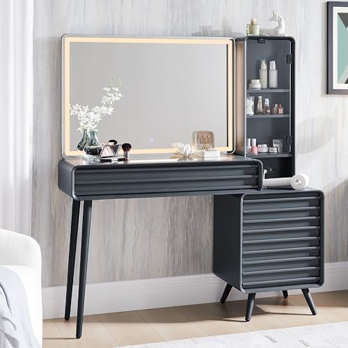 48" Glass Top Makeup Vanity Desk with Lighted Mirror and 5 Drawers K2937