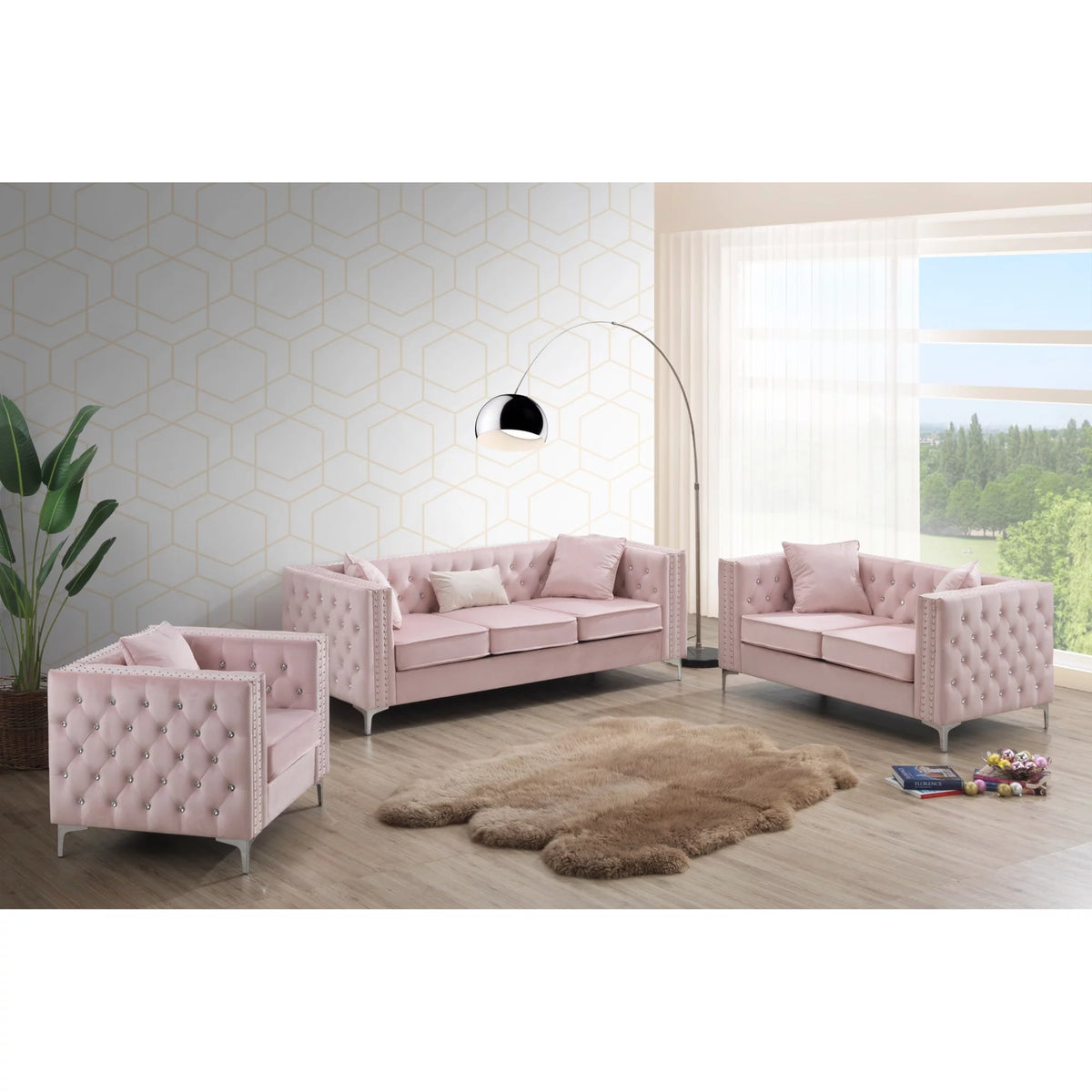 Pink Velvet 2-Seater Sofa with 2-Throw Pillow W4767