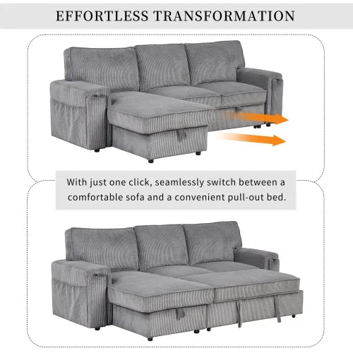 96.1" L-Shape Convertible Sleeper Sectional Sofa with Pull-Out Bed, Storage Chaise and 2 Cup Holders, Corduroy Gray P292217