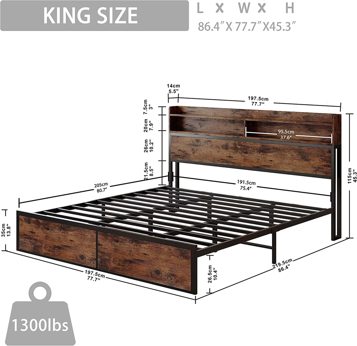 King Size Platform Storage Bed with Bookcase Headboard R435195