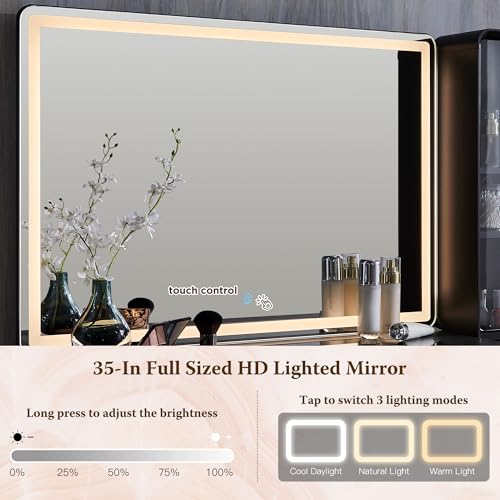 48" Glass Top Makeup Vanity Desk with Lighted Mirror and 5 Drawers K2937