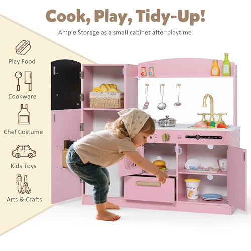 Wooden Play Kitchen Set with Sink, Microwave, Ice Maker, Dishwasher, Pink E9629