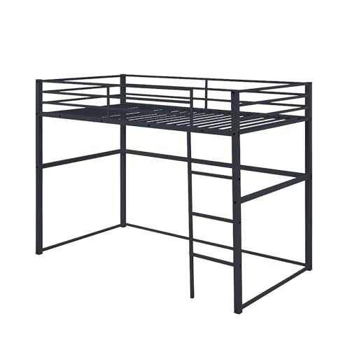 Twin Size Metal Loft Bed with Safety Guard Rails & Flat Ladder C969769