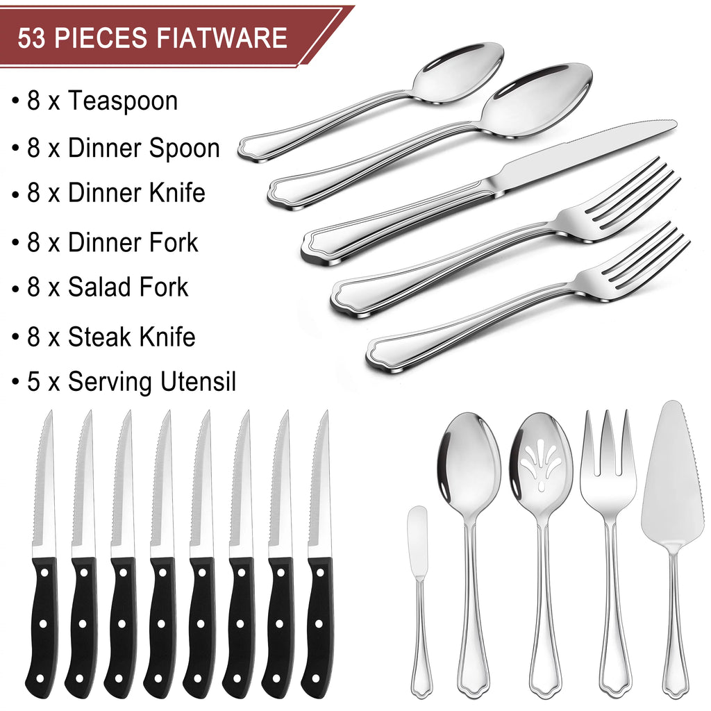 53-Piece Stainless Steel Silverware Set with Steak Knives N992818