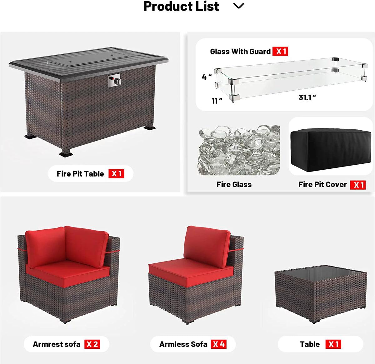 8 Pieces PE Wicker Rattan Outdoor Furniture Set with Fire Pit Table V25845