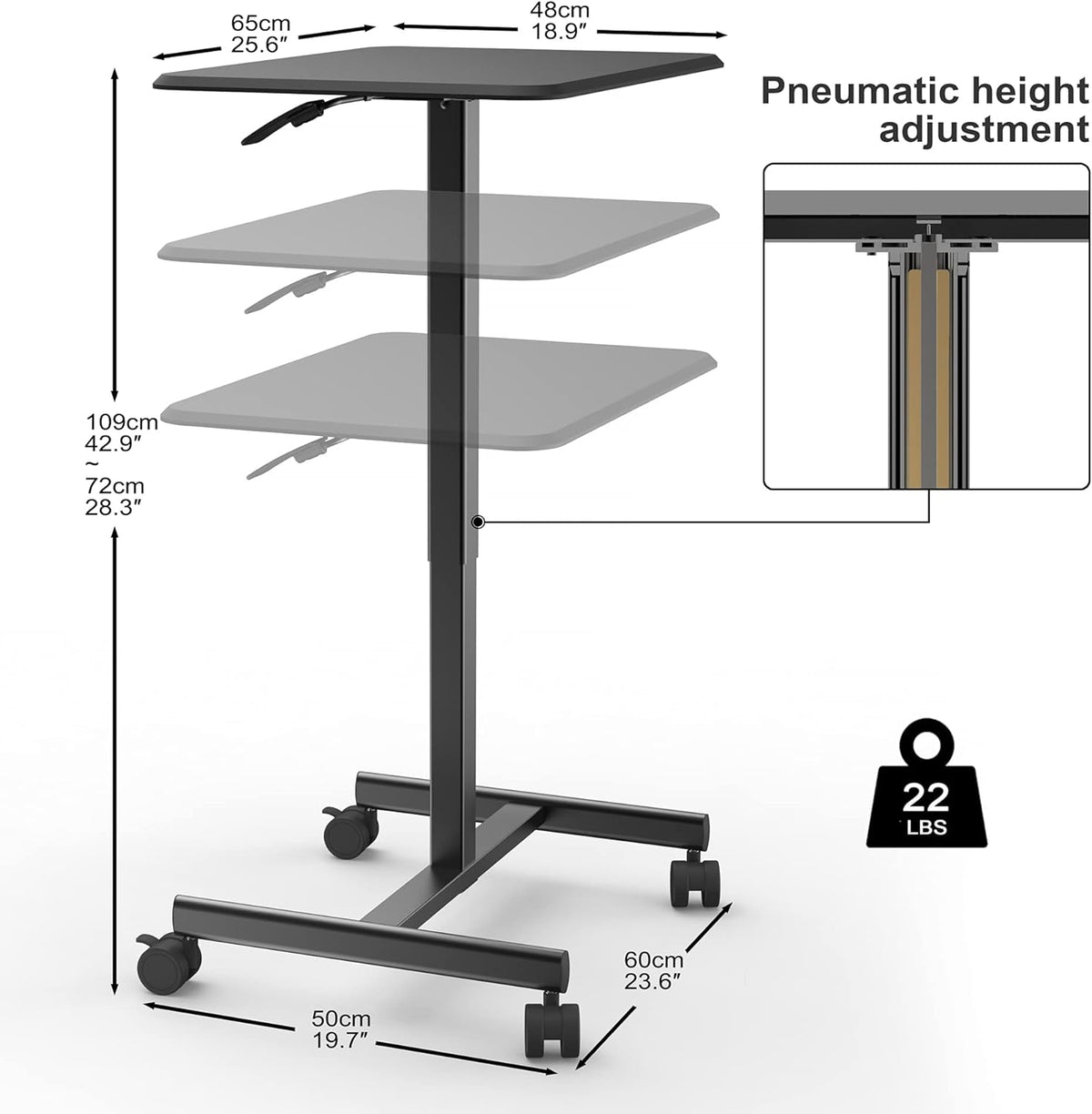 Mobile Desk Computer Desk with Lockable Wheels, Height Adjustable Laptop Cart G4050